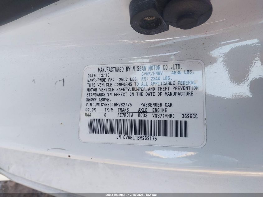 2011 Infiniti G37X VIN: JN1CV6EL1BM262175 Lot: 43936948