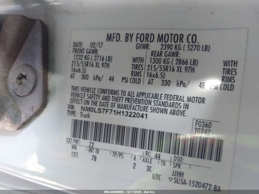 2017 Ford Transit Connect Xlt VIN: NM0LS7F71H1322041 Lot: 43936955