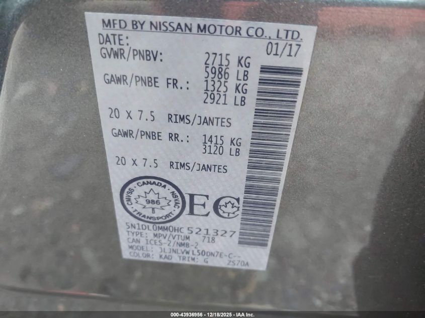 2017 Infiniti Qx60 VIN: 5N1DL0MM0HC521327 Lot: 43936956