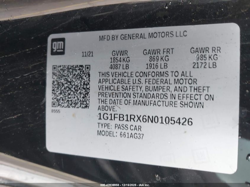 2022 Chevrolet Camaro Rwd 1Ls VIN: 1G1FB1RX6N0105426 Lot: 43936958