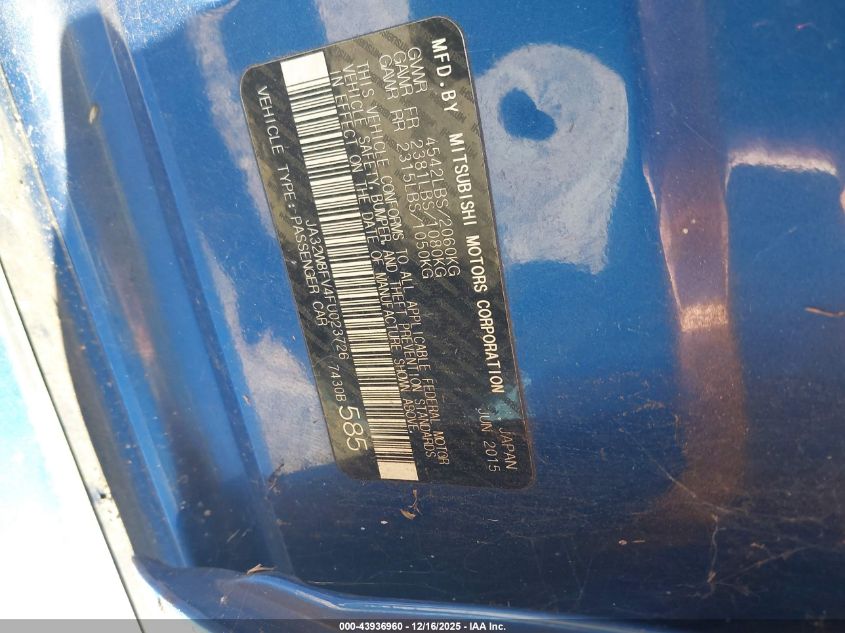 2015 Mitsubishi Lancer Evolution Gsr VIN: JA32W8FV4FU023726 Lot: 43936960