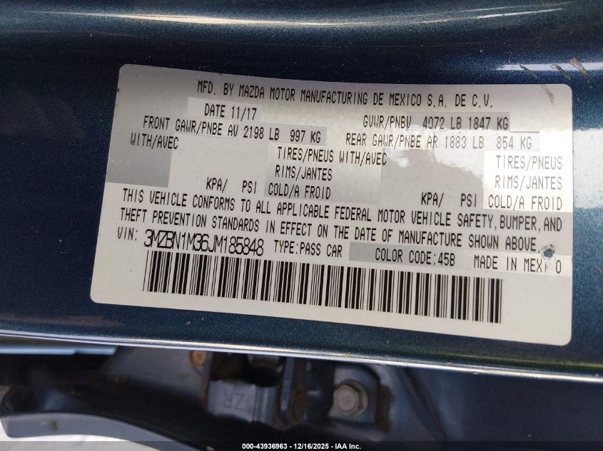 2018 Mazda Mazda3 Grand Touring VIN: 3MZBN1M36JM185848 Lot: 43936963