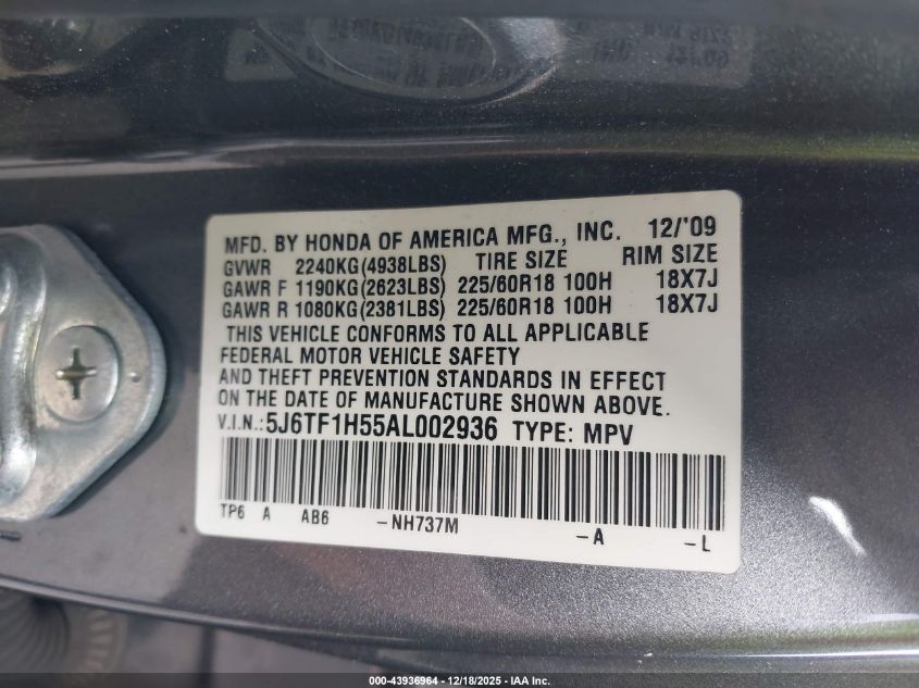 2010 Honda Accord Crosstour Ex-L VIN: 5J6TF1H55AL002936 Lot: 43936964