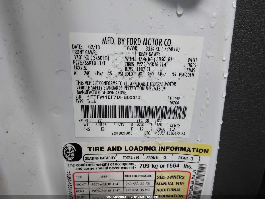 2013 Ford F-150 Lariat VIN: 1FTFW1EF7DFB60312 Lot: 43936965