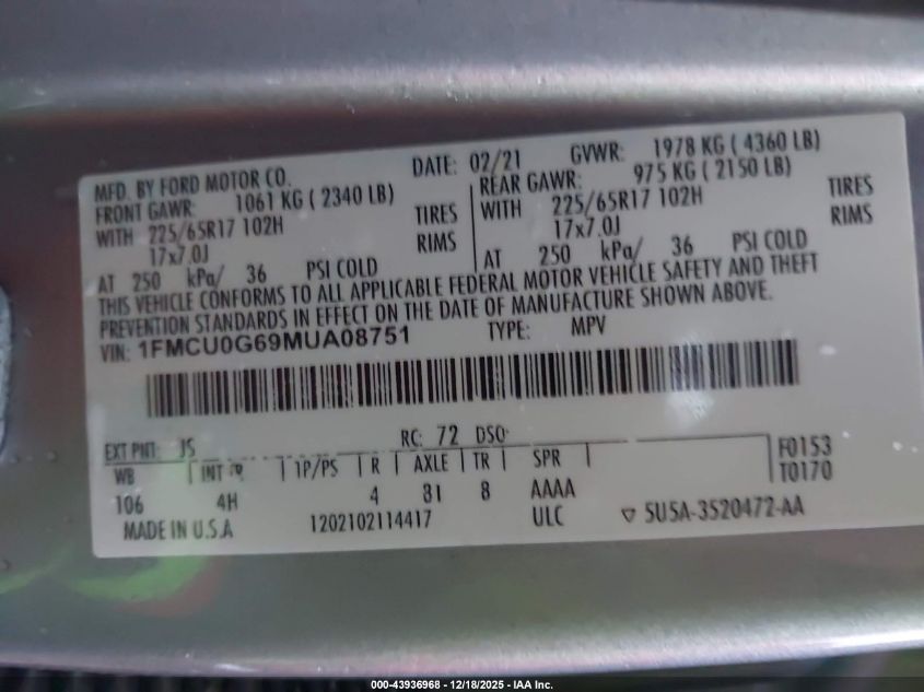 2021 Ford Escape Se VIN: 1FMCU0G69MUA08751 Lot: 43936968