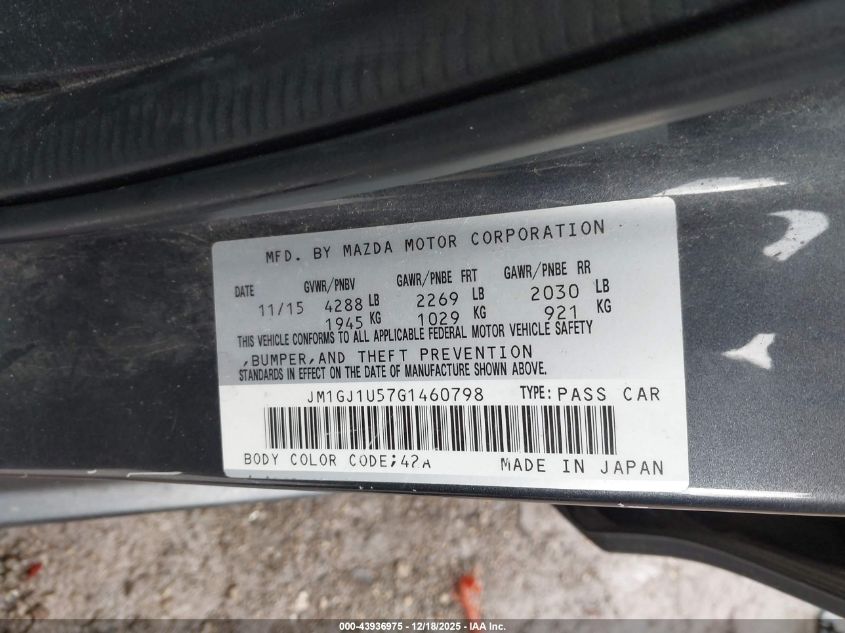 2016 Mazda Mazda6 I Sport VIN: JM1GJ1U57G1460798 Lot: 43936975