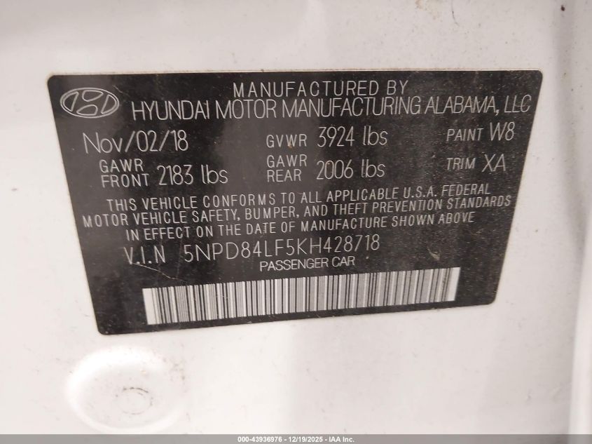 2019 Hyundai Elantra Sel VIN: 5NPD84LF5KH428718 Lot: 43936976