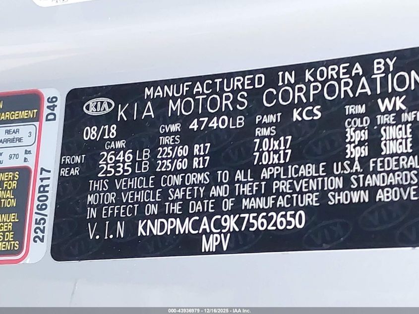 2019 Kia Sportage Lx VIN: KNDPMCAC9K7562650 Lot: 43936979