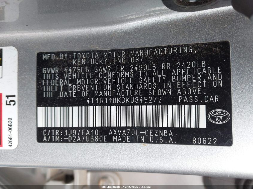 2019 Toyota Camry Le VIN: 4T1B11HK3KU845272 Lot: 43936980