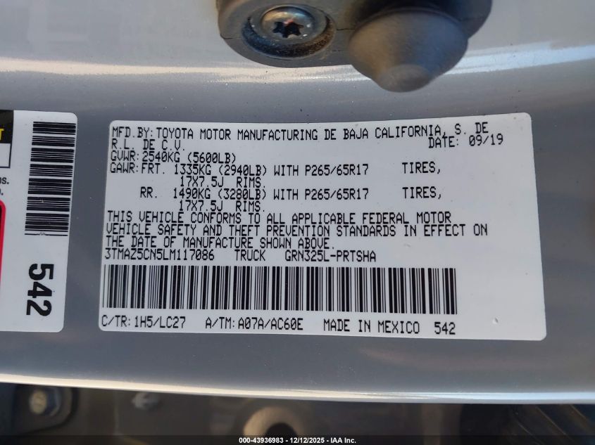 2020 Toyota Tacoma Trd Sport VIN: 3TMAZ5CN5LM117086 Lot: 43936983