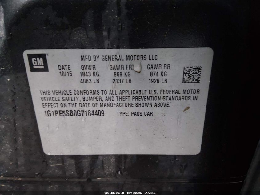 2016 Chevrolet Cruze Limited 1Lt Auto VIN: 1G1PE5SB0G7184409 Lot: 43936988