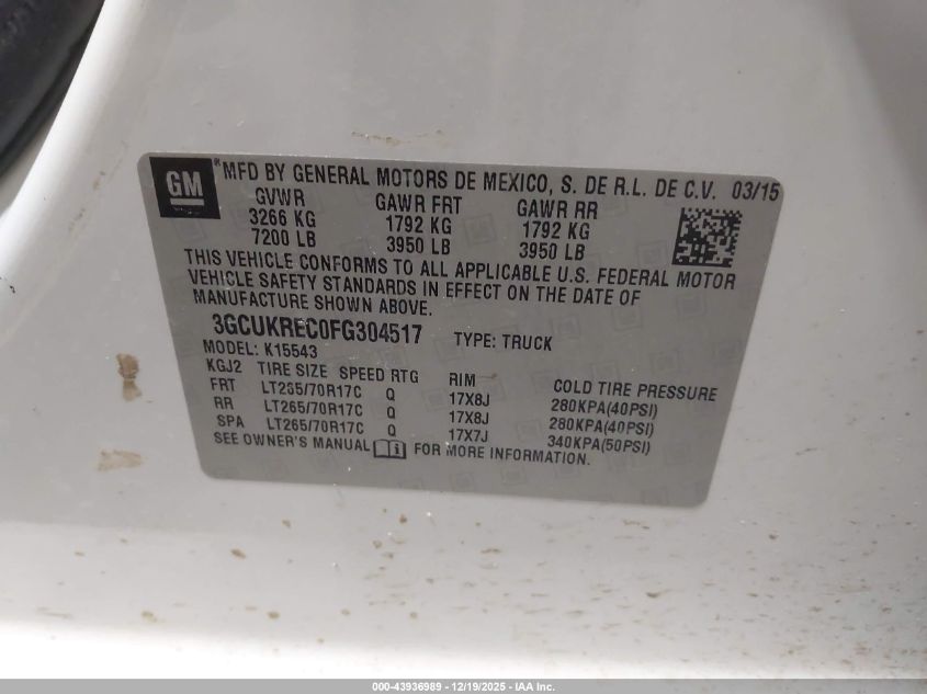 2015 Chevrolet Silverado 1500 1Lt VIN: 3GCUKREC0FG304517 Lot: 43936989