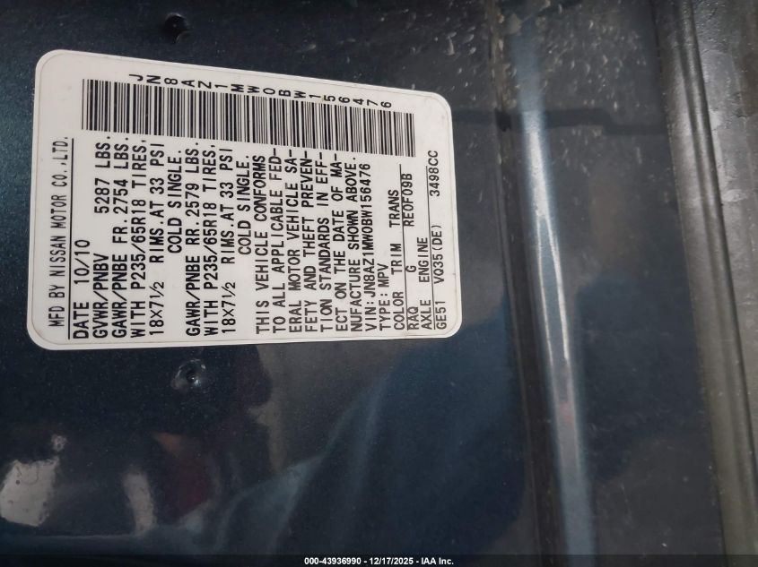 2011 Nissan Murano Sl VIN: JN8AZ1MW0BW156476 Lot: 43936990