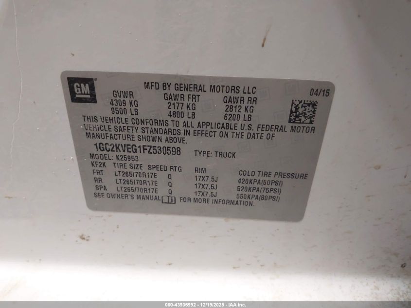 2015 Chevrolet Silverado 2500Hd Lt VIN: 1GC2KVEG1FZ530598 Lot: 43936992