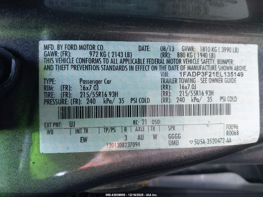 2014 Ford Focus Se VIN: 1FADP3F21EL135149 Lot: 43936995