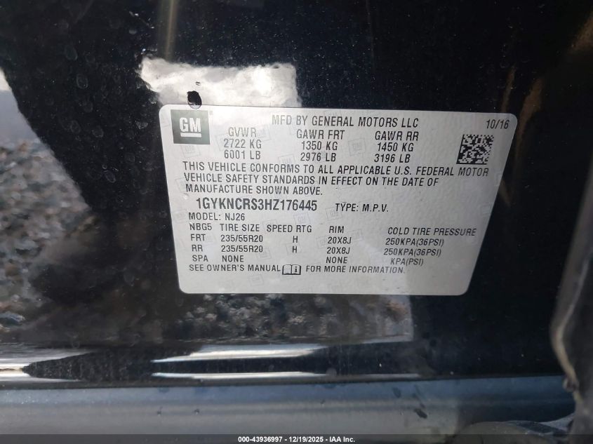 2017 Cadillac Xt5 Premium Luxury VIN: 1GYKNCRS3HZ176445 Lot: 43936997
