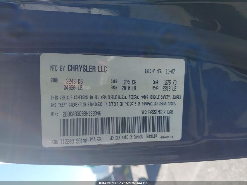 2008 Dodge Charger Sxt VIN: 2B3KA33G98H193046 Lot: 43937007