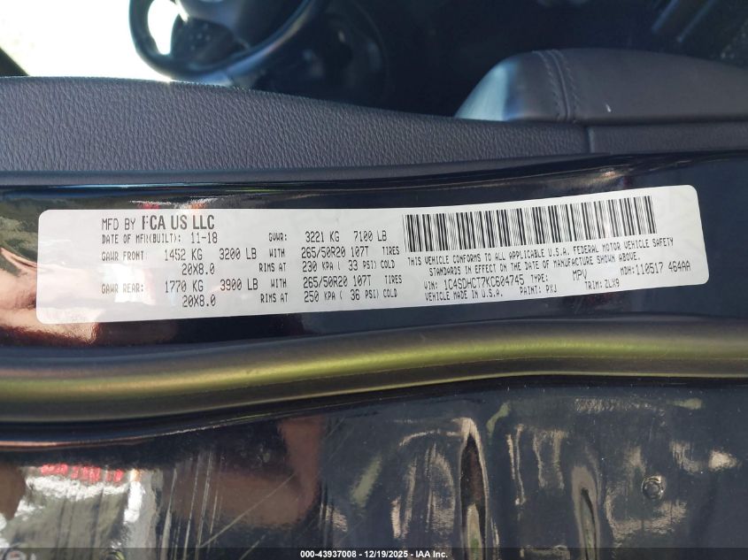 2019 Dodge Durango R/T Rwd VIN: 1C4SDHCT7KC604745 Lot: 43937008