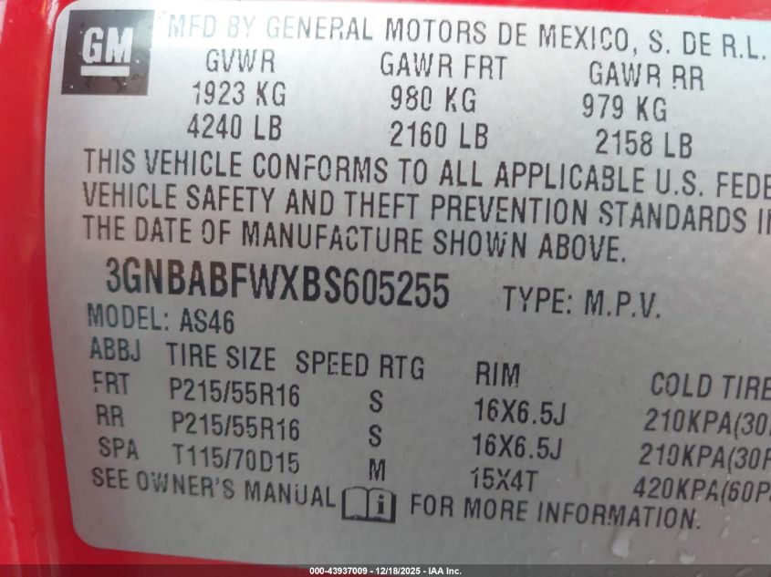 2011 Chevrolet Hhr Lt VIN: 3GNBABFWXBS605255 Lot: 43937009