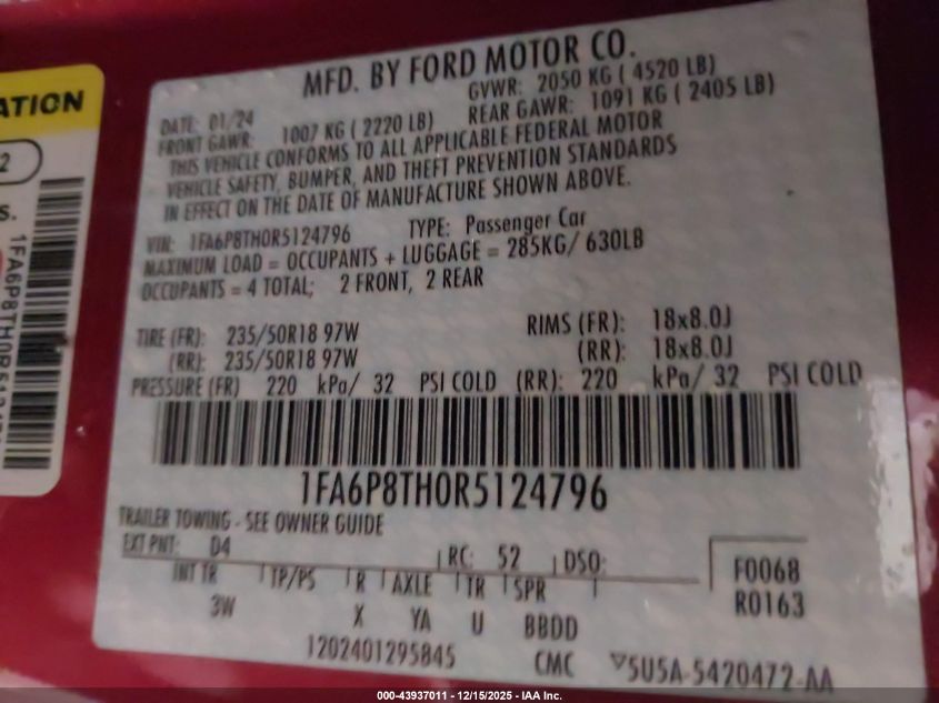 2024 Ford Mustang Ecoboost Premium Fastback VIN: 1FA6P8TH0R5124796 Lot: 43937011