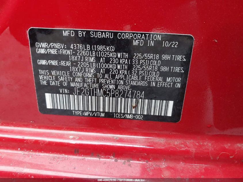 2023 Subaru Crosstrek Limited VIN: JF2GTHMC5P8274784 Lot: 43937016