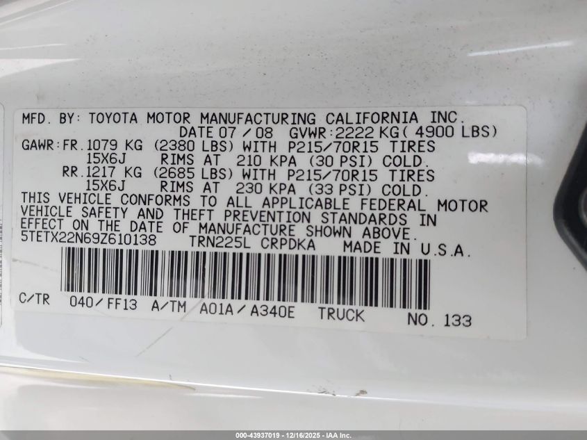 2009 Toyota Tacoma VIN: 5TETX22N69Z610138 Lot: 43937019