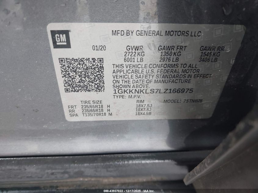 2020 GMC Acadia Sle VIN: 1GKKNKLS7LZ166975 Lot: 43937022