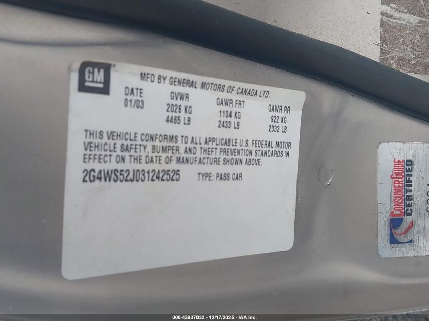 2003 Buick Century Custom VIN: 2G4WS52J031242525 Lot: 43937033