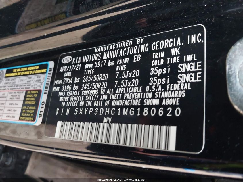 2021 Kia Telluride Ex VIN: 5XYP3DHC1MG180620 Lot: 43937034