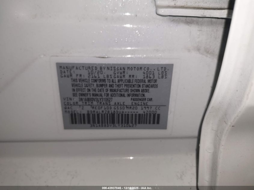 2020 Nissan Sentra Sr Xtronic Cvt VIN: 3N1AB8DV3LY310627 Lot: 43937046