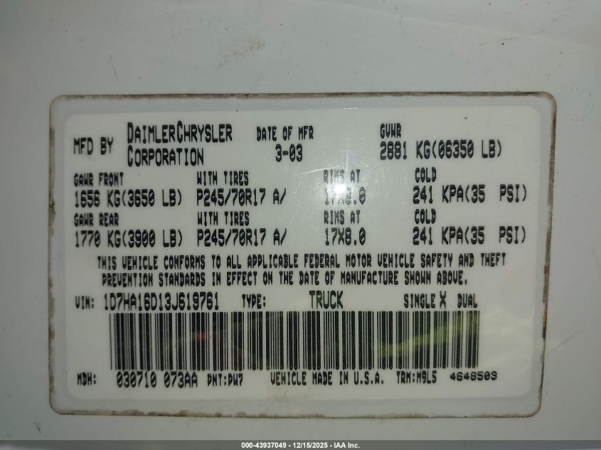 2003 Dodge Ram 1500 Slt/Laramie/St VIN: 1D7HA16D13J619761 Lot: 43937049