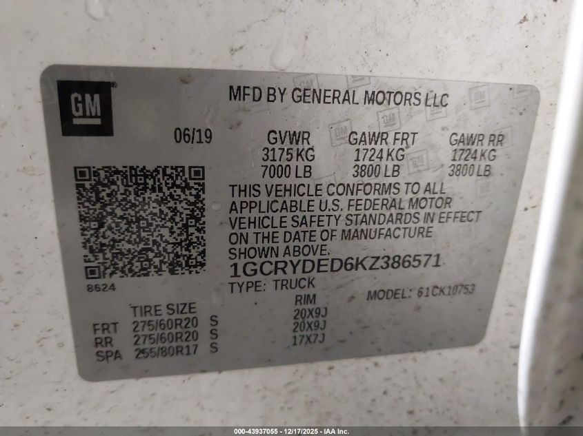 2019 Chevrolet Silverado 1500 Lt VIN: 1GCRYDED6KZ386571 Lot: 43937055