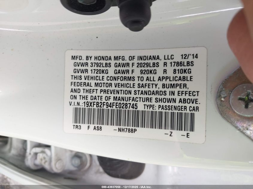 2015 Honda Civic Ex-L VIN: 19XFB2F94FE028745 Lot: 43937058