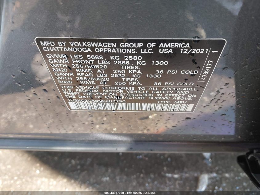 2022 Volkswagen Atlas Cross Sport 2.0T Se W/Technology VIN: 1V2KC2CA8NC207790 Lot: 43937060