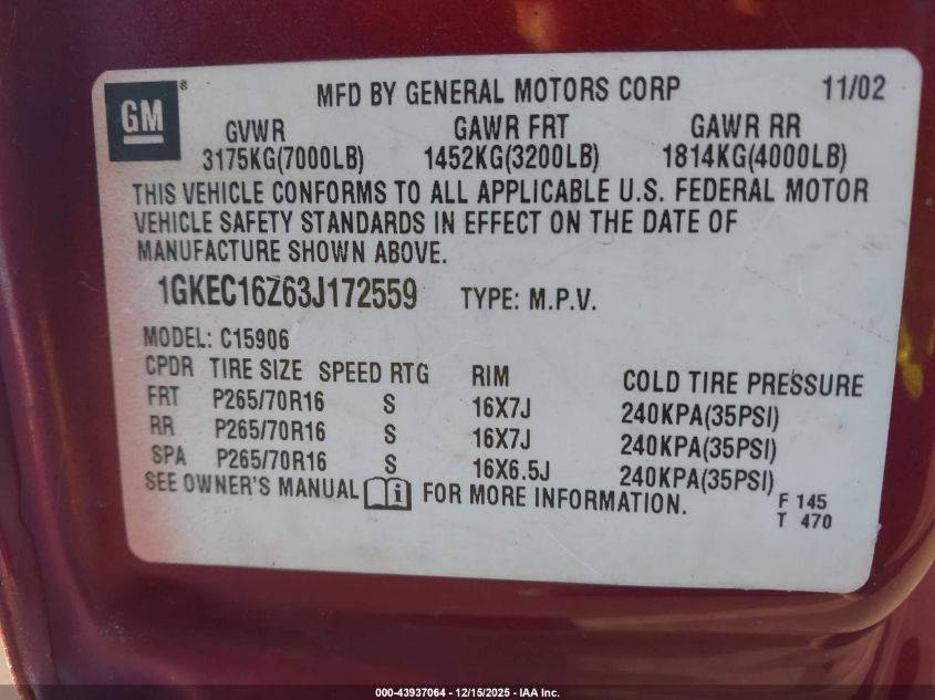 2003 GMC Yukon Xl 1500 Slt VIN: 1GKEC16Z63J172559 Lot: 43937064