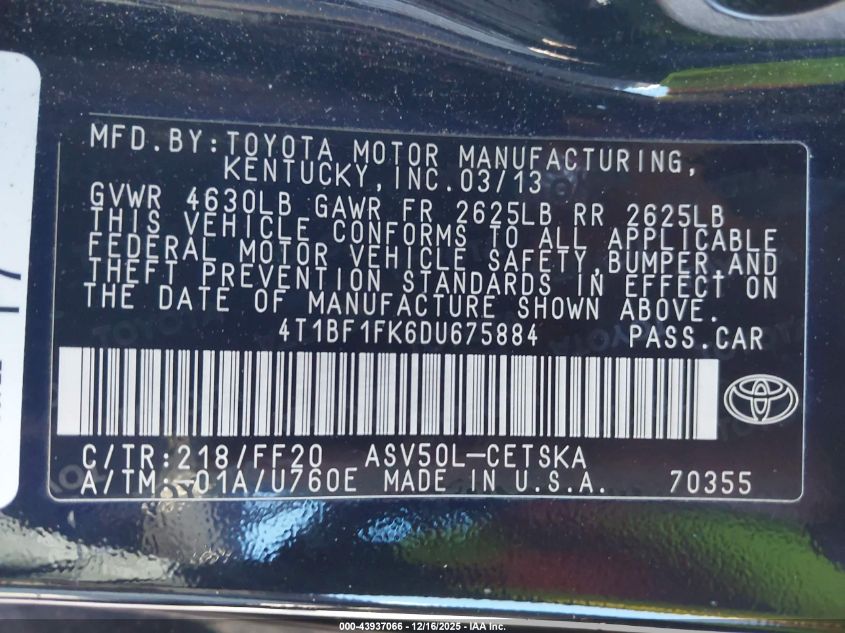 2013 Toyota Camry Se VIN: 4T1BF1FK6DU675884 Lot: 43937066