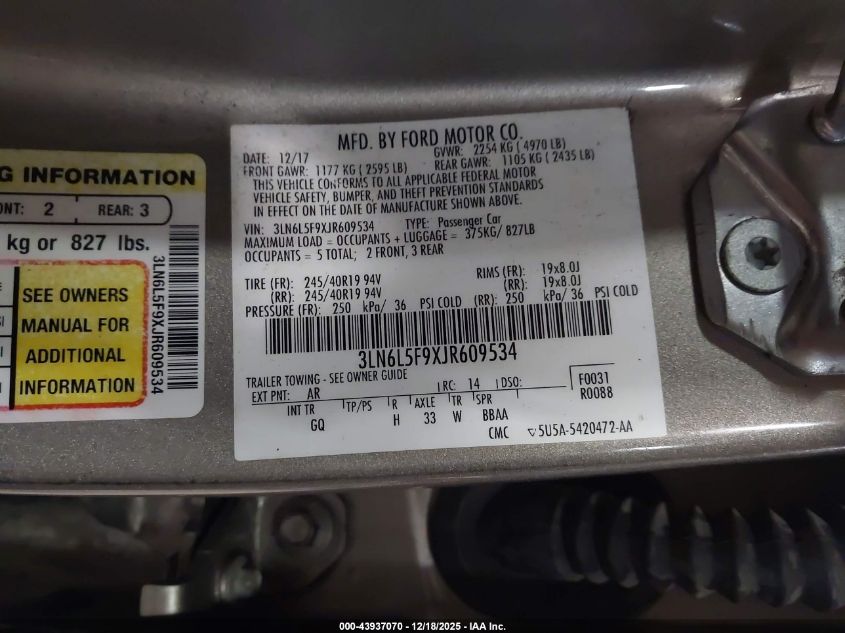 2018 Lincoln Mkz Reserve VIN: 3LN6L5F9XJR609534 Lot: 43937070