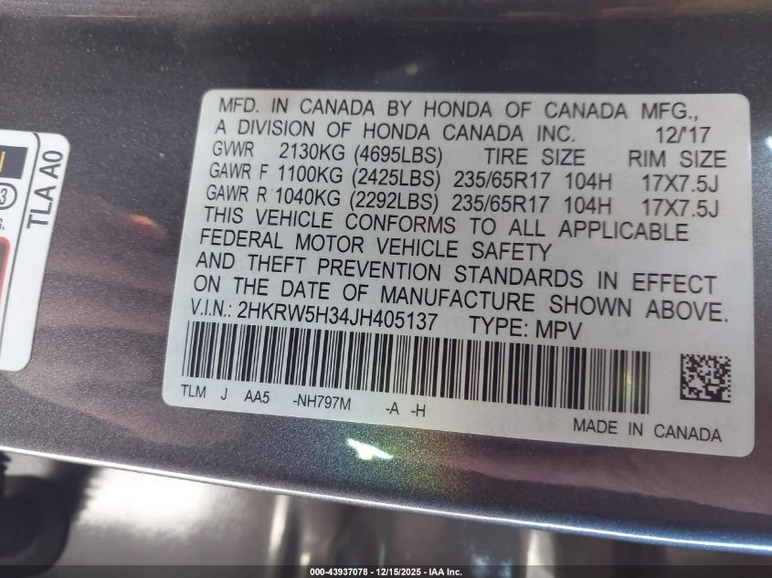 2018 Honda Cr-V Lx VIN: 2HKRW5H34JH405137 Lot: 43937078