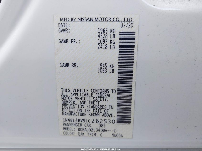 2020 Nissan Altima S Fwd VIN: 1N4BL4BV9LC262530 Lot: 43937080
