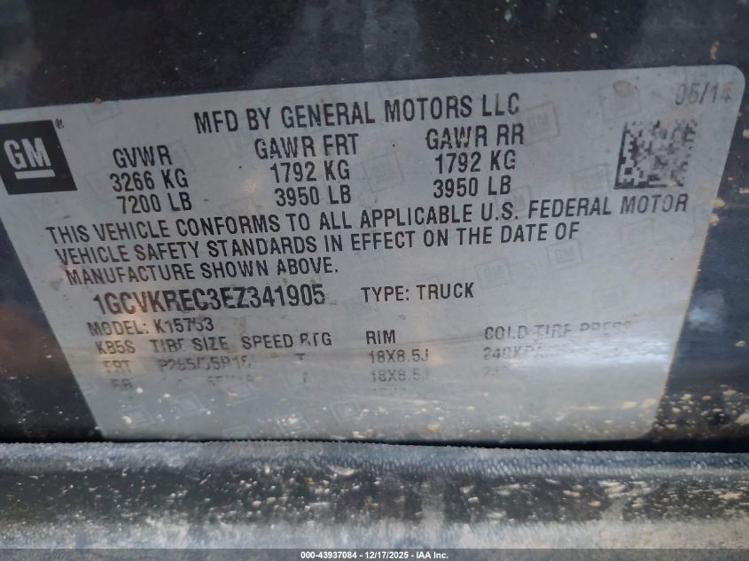 2014 Chevrolet Silverado 1500 1Lt VIN: 1GCVKREC3EZ341905 Lot: 43937084