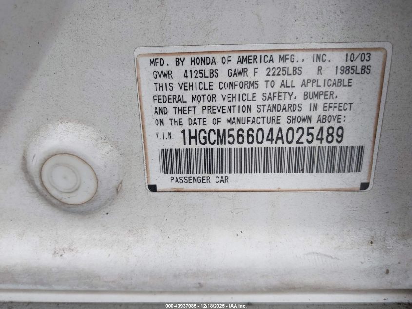 2004 Honda Accord 2.4 Ex VIN: 1HGCM56604A025489 Lot: 43937085