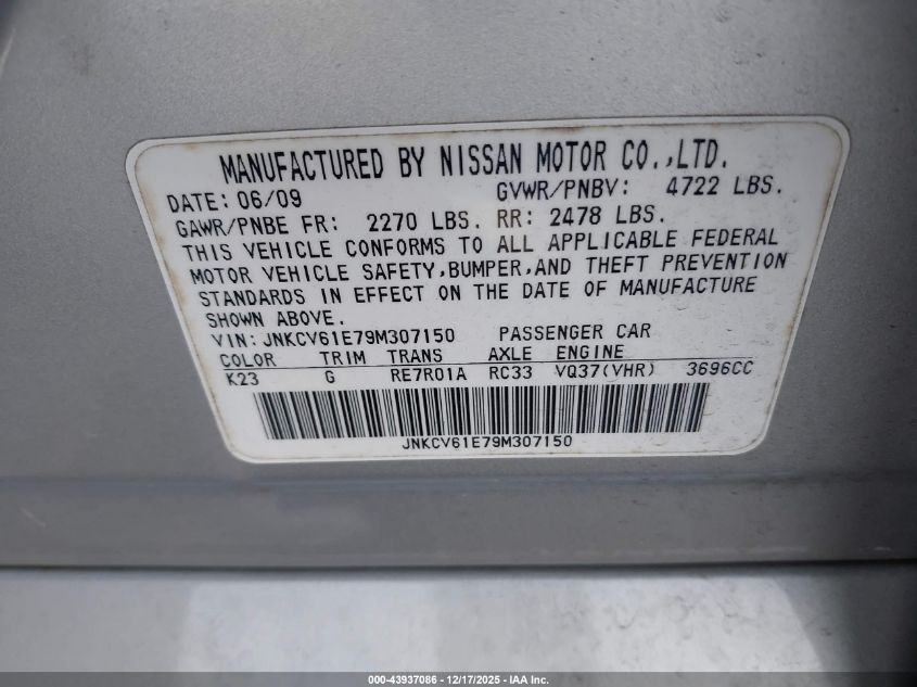 2009 Infiniti G37 Journey VIN: JNKCV61E79M307150 Lot: 43937086