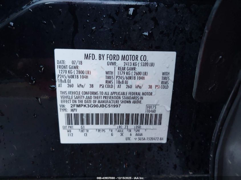 2018 Ford Edge Se VIN: 2FMPK3G90JBC51997 Lot: 43937088