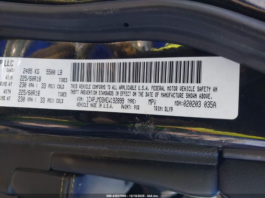 2014 Jeep Cherokee Limited VIN: 1C4PJMDBXEW192899 Lot: 43937090