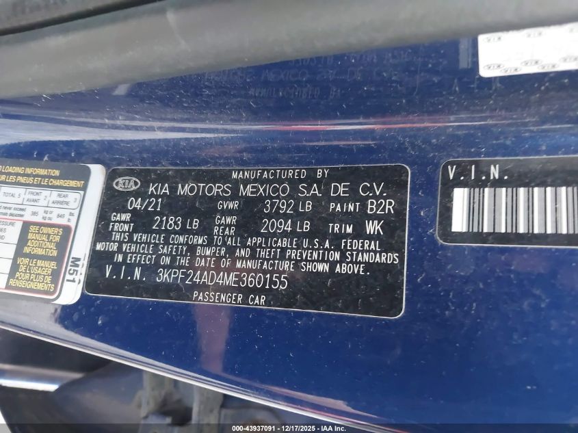 2021 Kia Forte Lxs VIN: 3KPF24AD4ME360155 Lot: 43937091