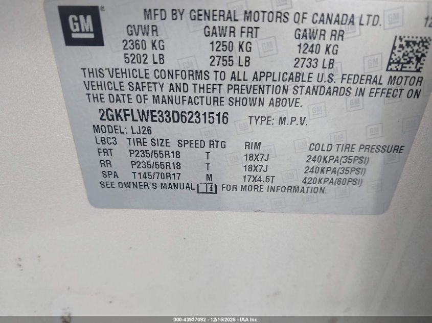 2013 GMC Terrain Slt-2 VIN: 2GKFLWE33D6231516 Lot: 43937092