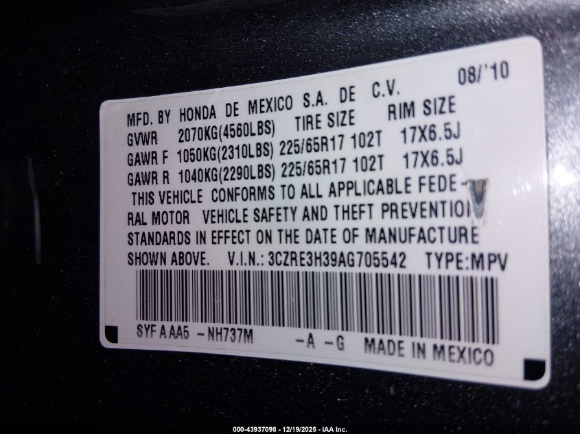 2010 Honda Cr-V Lx VIN: 3CZRE3H39AG705542 Lot: 43937098