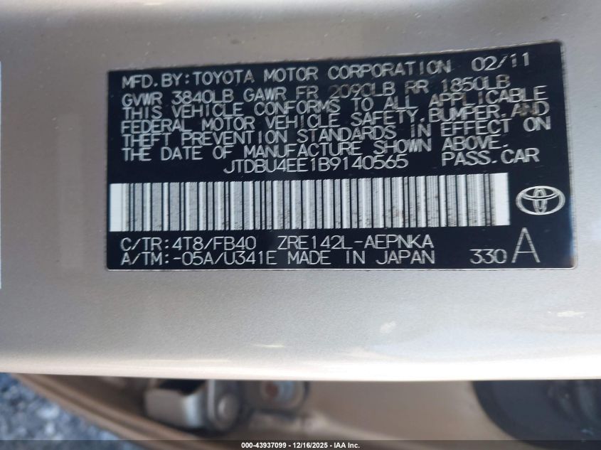 2011 Toyota Corolla Le VIN: JTDBU4EE1B9140565 Lot: 43937099