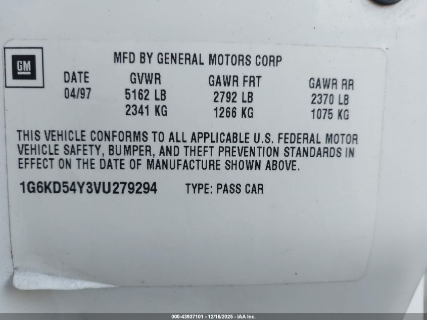 1997 Cadillac Deville Standard VIN: 1G6KD54Y3VU279294 Lot: 43937101