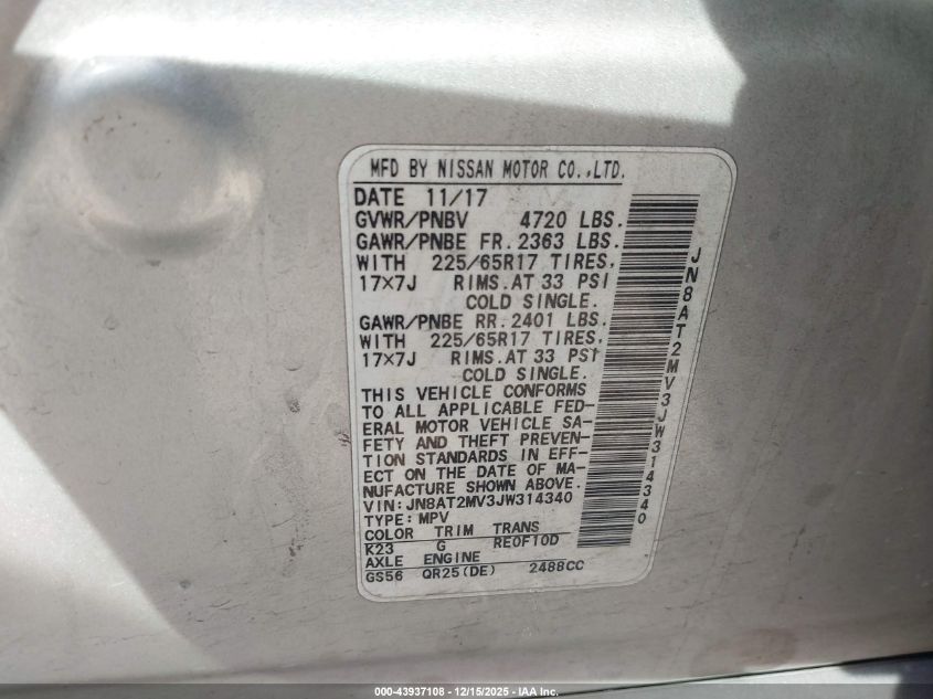 2018 Nissan Rogue S VIN: JN8AT2MV3JW314340 Lot: 43937108